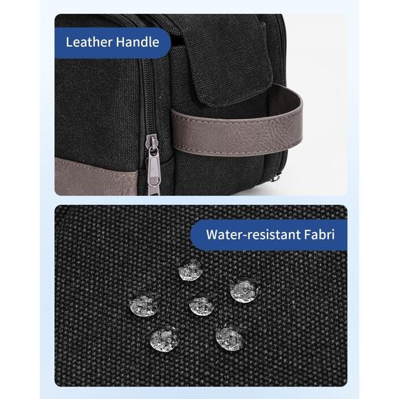 WANDF Toiletry Bag Men Large Travel Organizer Canvas Leather Dopp Kit Black - Picture 6 of 7